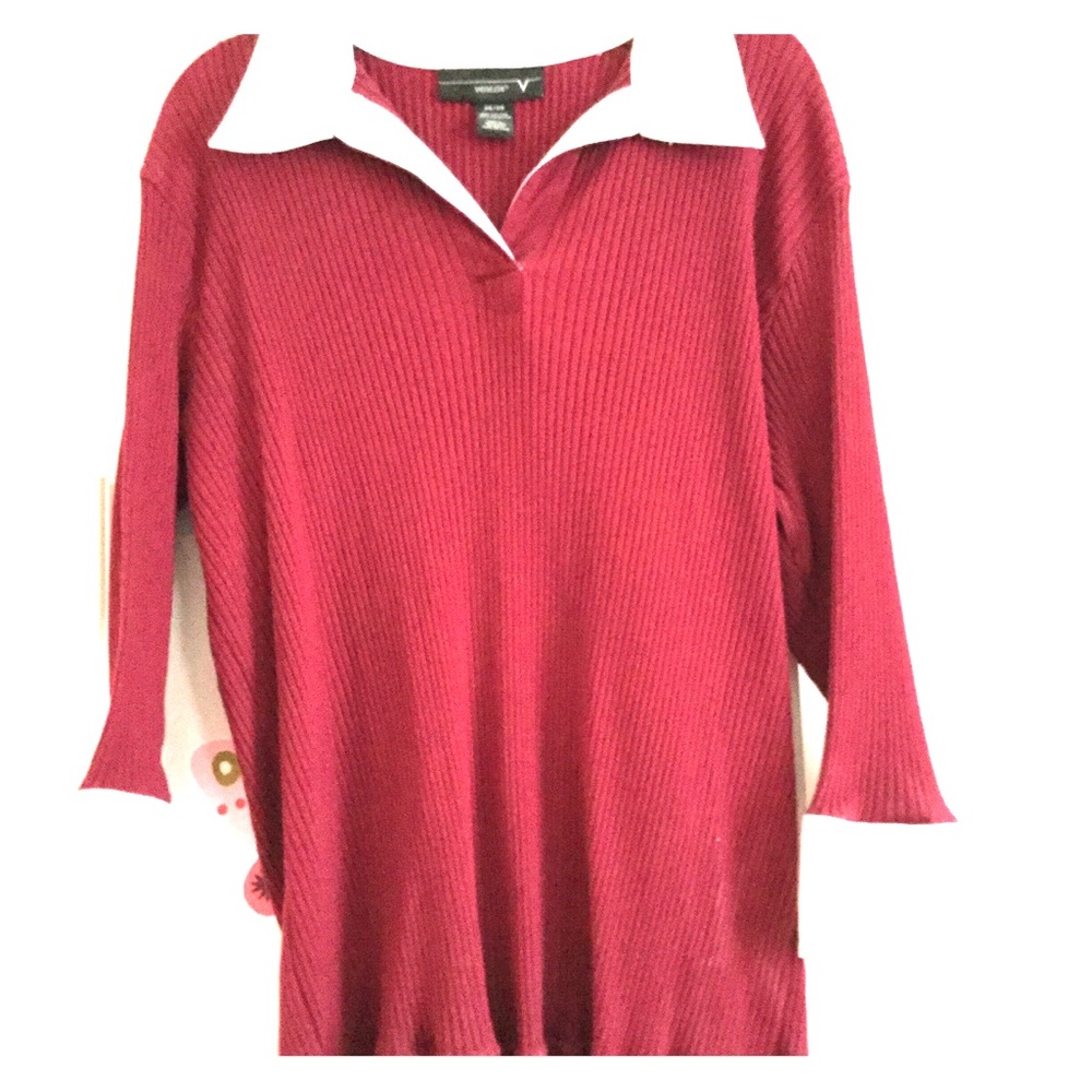 Red Sweater with Mock Shirt Accents